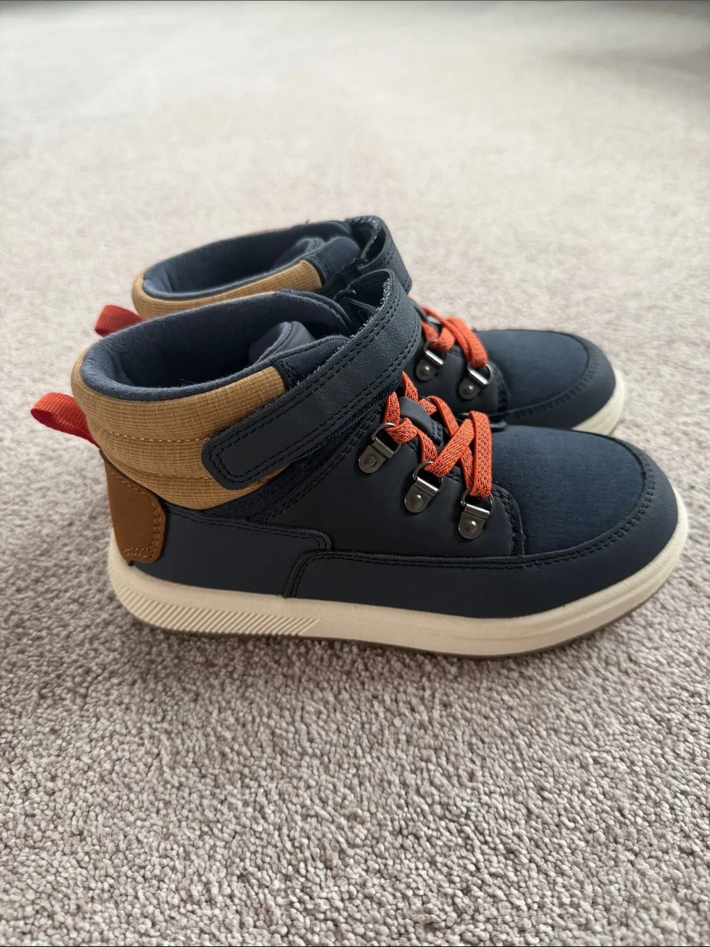 Brand new! Kids High-Top Casual Sneakers - Navy and Tan with Orange Laces